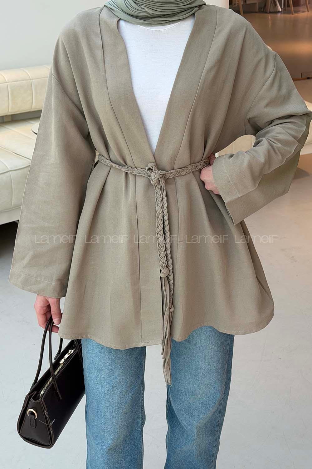 Lamelif Örgü Bağlamalı Kimono Ceket Vizonrengi
