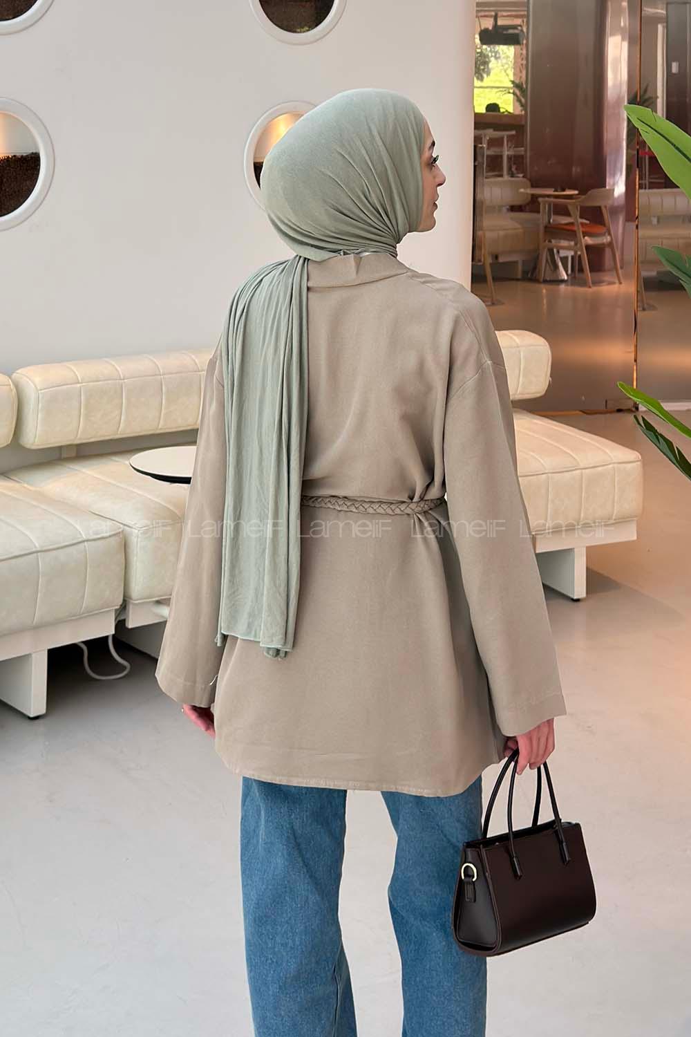 Lamelif Örgü Bağlamalı Kimono Ceket Vizonrengi