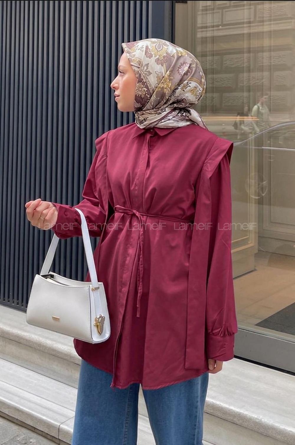 Lamelif Bel Bağlamalı Omuz Vatkalı Gömlek Bordo