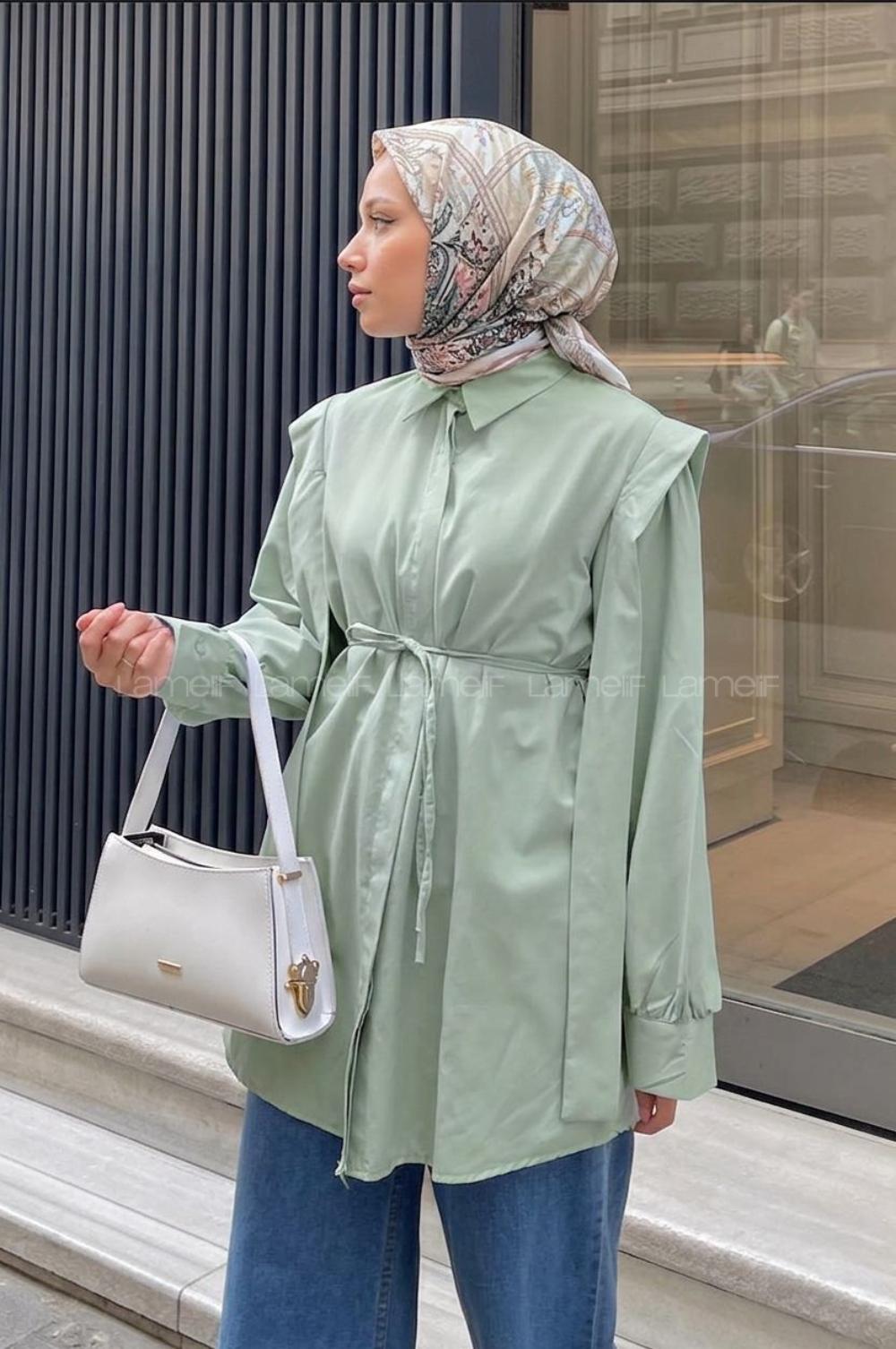 Lamelif Bel Bağlamalı Omuz Vatkalı Gömlek Mint Yeşili