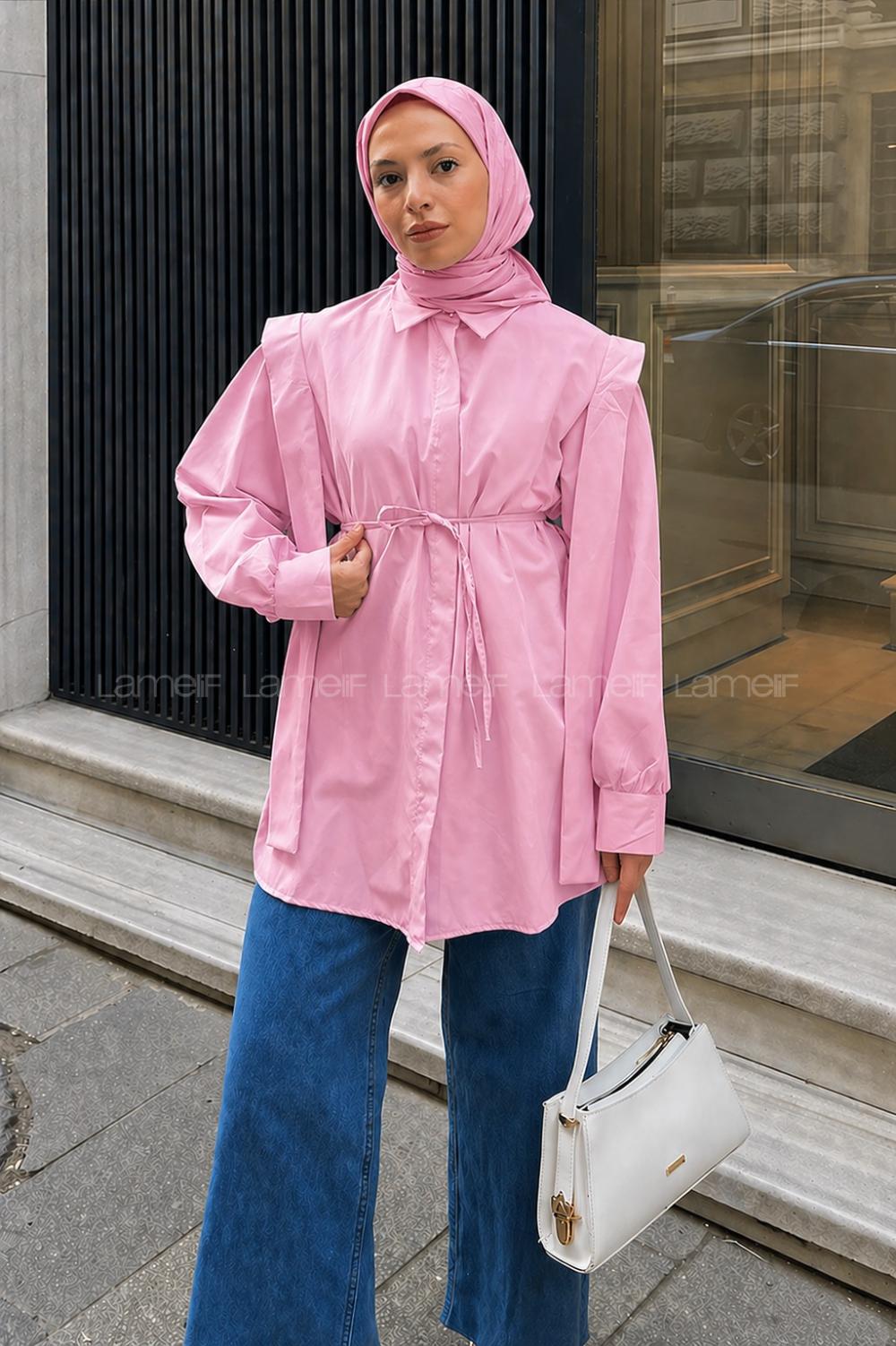 Candy Pink Shirt Collar Long Arm Cotton Poplin Fabric Shirt