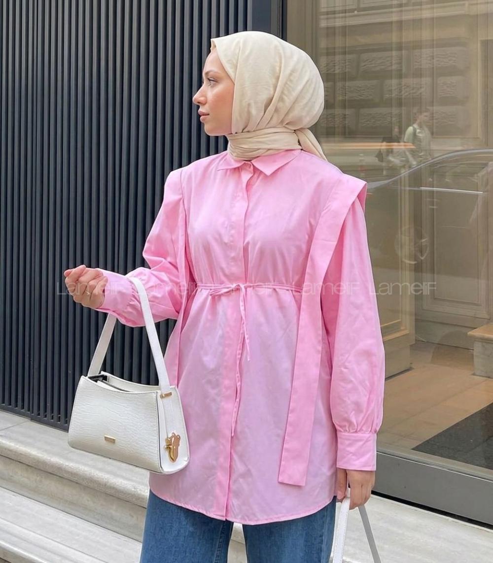 Candy Pink Shirt Collar Long Arm Cotton Poplin Fabric Shirt