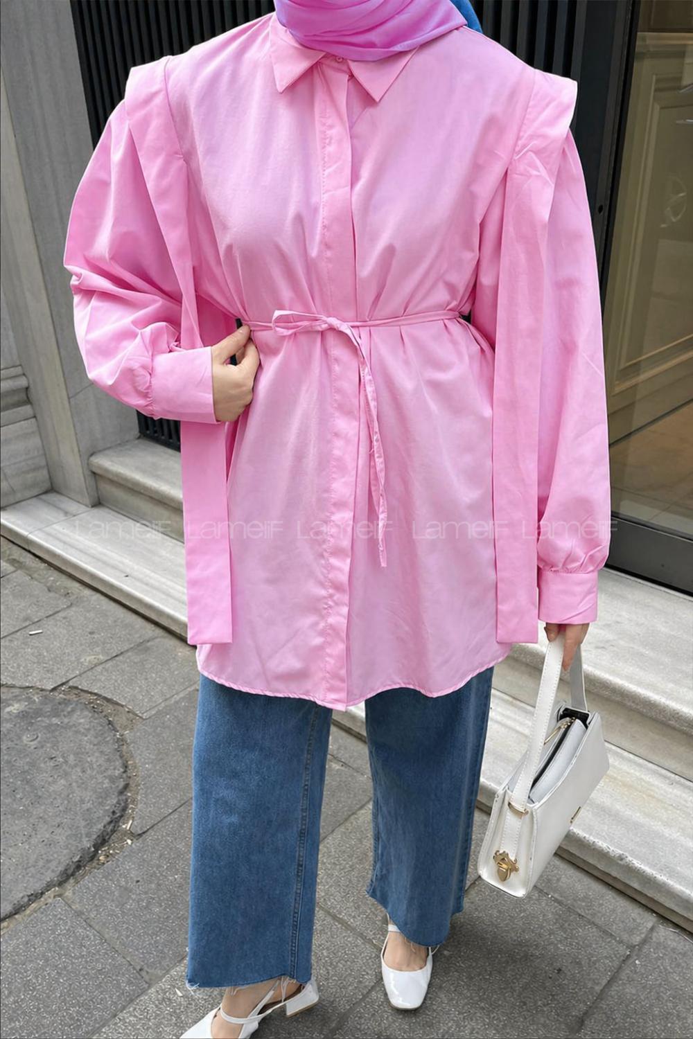 Candy Pink Shirt Collar Long Arm Cotton Poplin Fabric Shirt