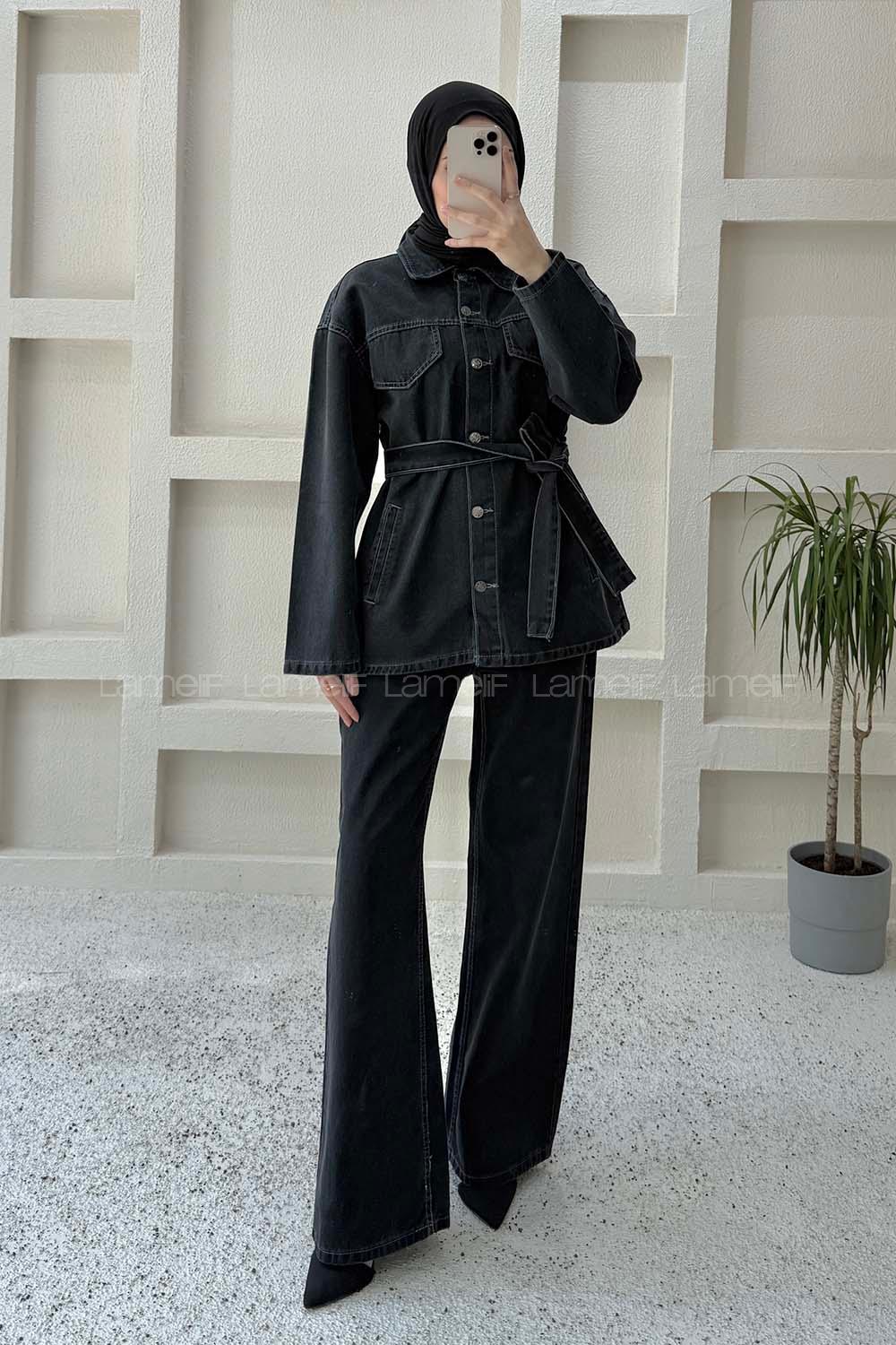 Lamelif Denim Ceket-Pantolon İkili Takım Füme