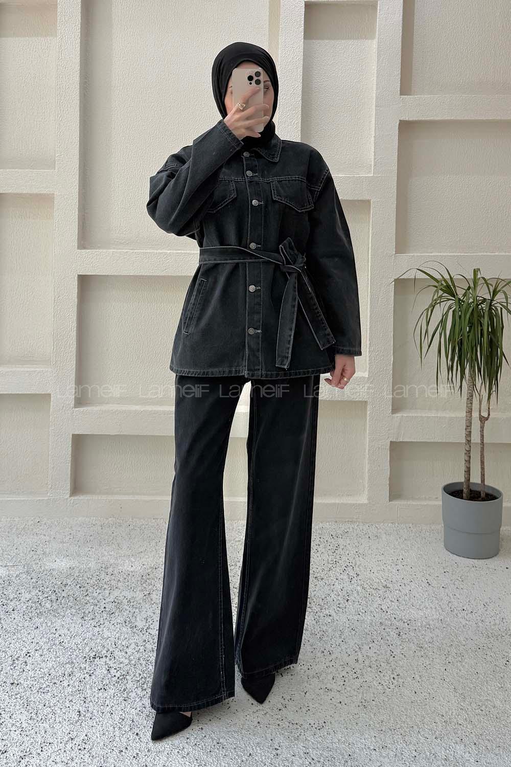 Lamelif Denim Ceket-Pantolon İkili Takım Füme