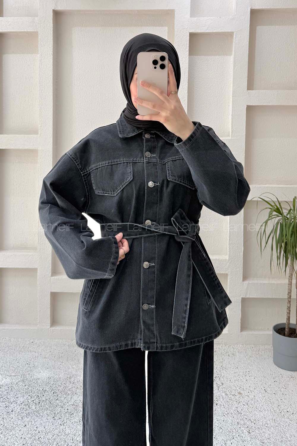 Lamelif Denim Ceket-Pantolon İkili Takım Füme