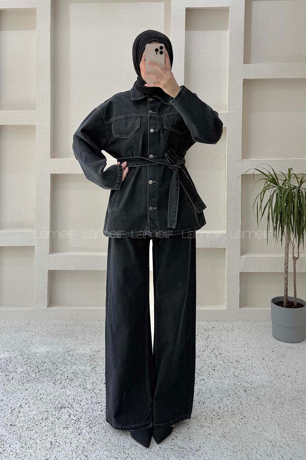 Lamelif Denim Ceket-Pantolon İkili Takım Füme