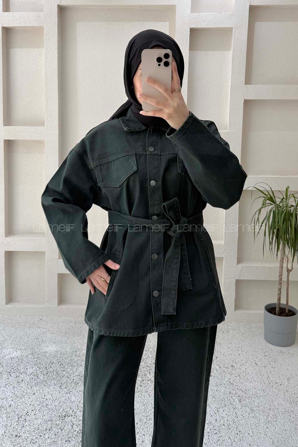 Lamelif Denim Ceket-Pantolon İkili Takım Haki