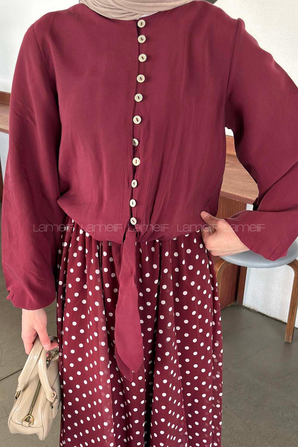 Lamelif Etek Ucu Bağlama Detaylı Balon Kol Gömlek Bordo