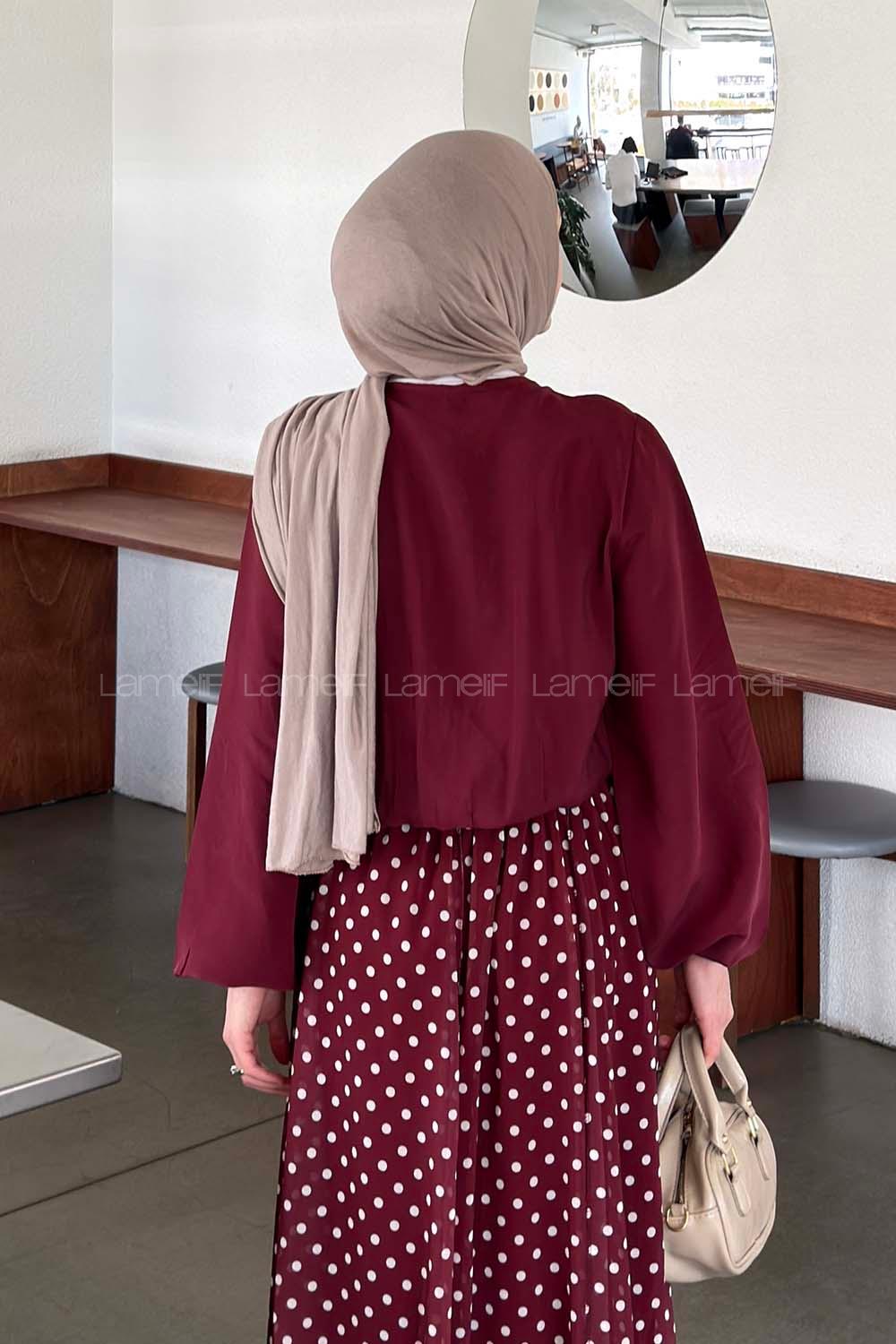 Lamelif Etek Ucu Bağlama Detaylı Balon Kol Gömlek Bordo