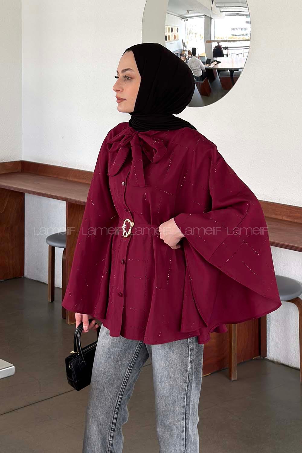 Lamelif Fiyonk Yakalı Bağlamalı Panço Bordo