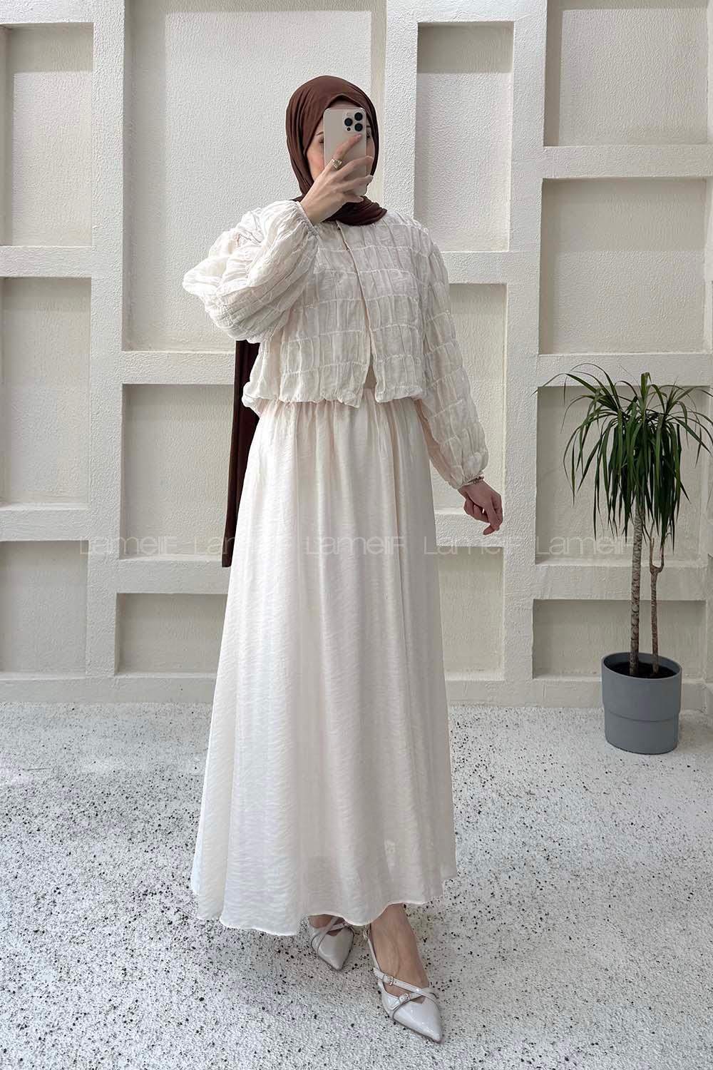 Lamelif Gofre Dokulu Ceket-Etek Takım Krem