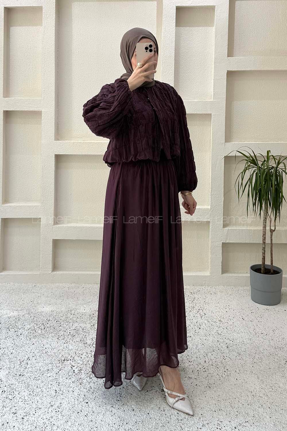 Lamelif Gofre Dokulu Ceket-Etek Takım Mürdüm