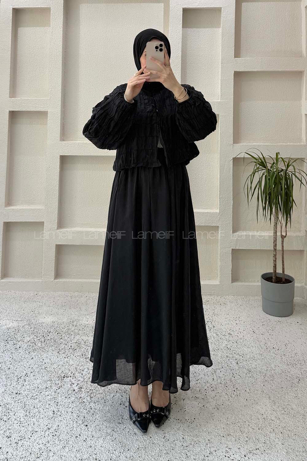 Lamelif Gofre Dokulu Ceket-Etek Takım Siyah