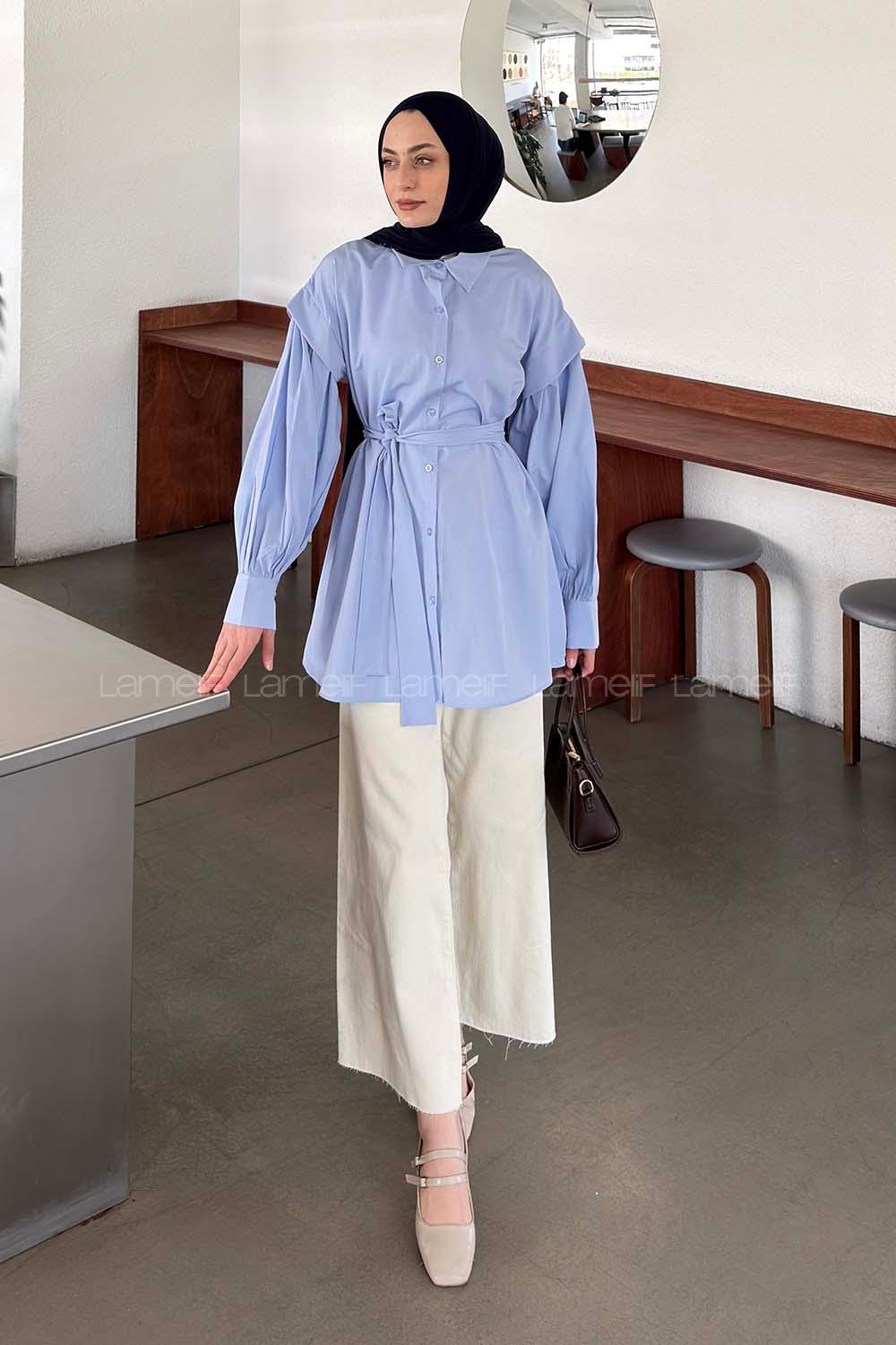 Baby Blue Shirt Collar Long Arm Crepe Fabric Unprinted Shirt