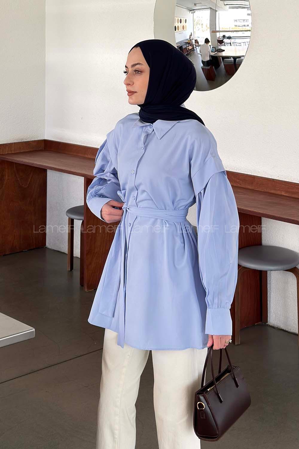 Baby Blue Shirt Collar Long Arm Crepe Fabric Unprinted Shirt