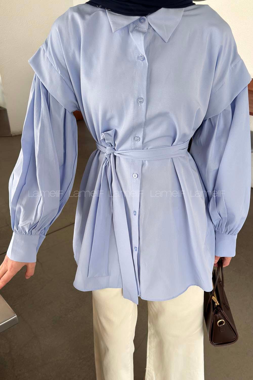 Baby Blue Shirt Collar Long Arm Crepe Fabric Unprinted Shirt