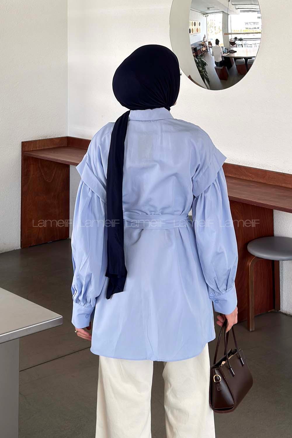 Baby Blue Shirt Collar Long Arm Crepe Fabric Unprinted Shirt