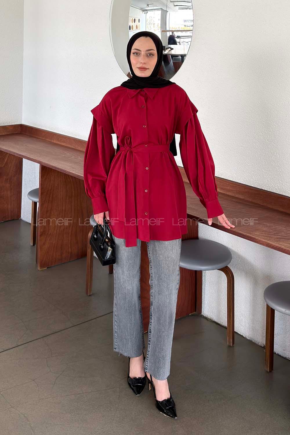 Claret Red Shirt Collar Long Arm Crepe Fabric Unprinted Shirt