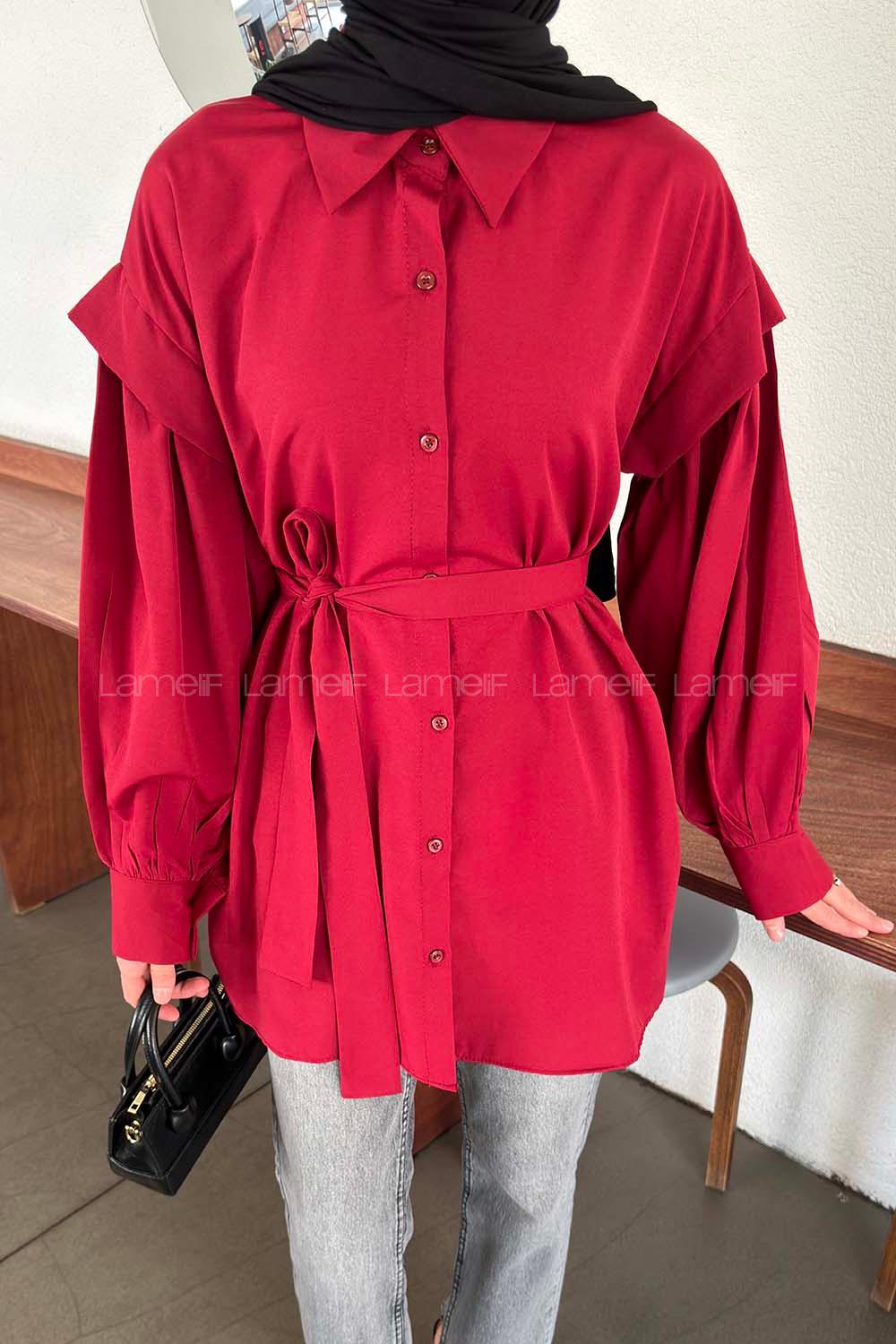 Claret Red Shirt Collar Long Arm Crepe Fabric Unprinted Shirt