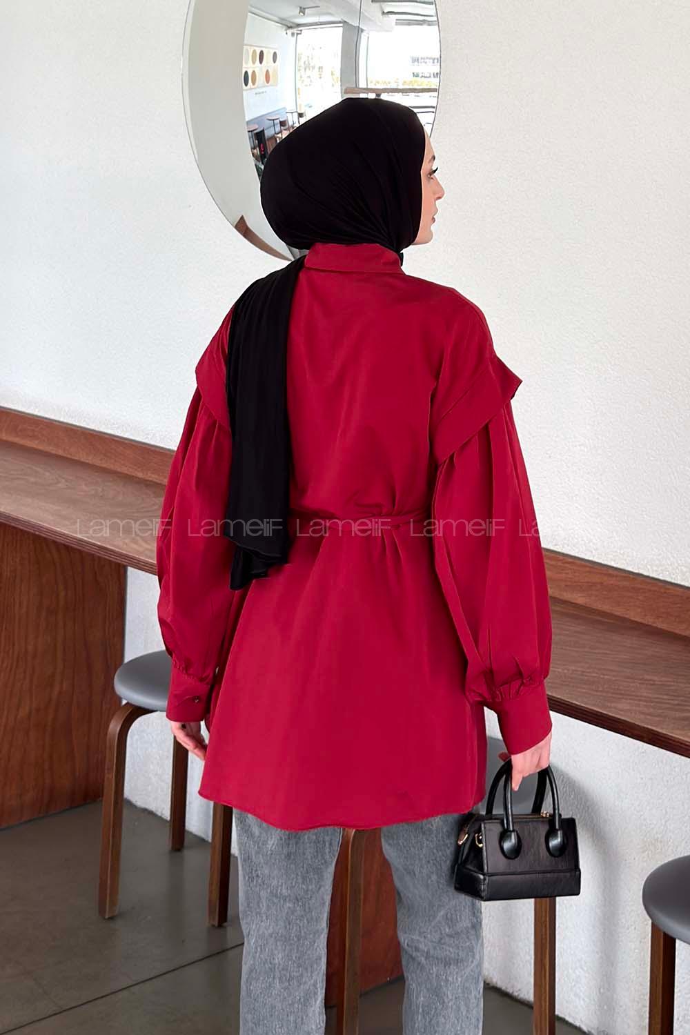 Claret Red Shirt Collar Long Arm Crepe Fabric Unprinted Shirt