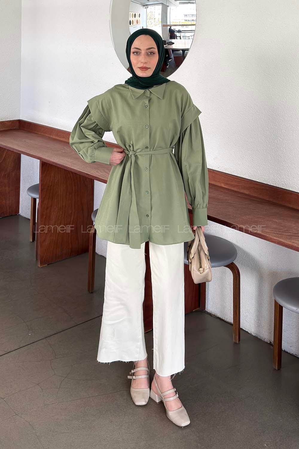 Lamelif Katmanlı Omuz Detaylı Bağlamalı Gömlek Çağla Yeşili