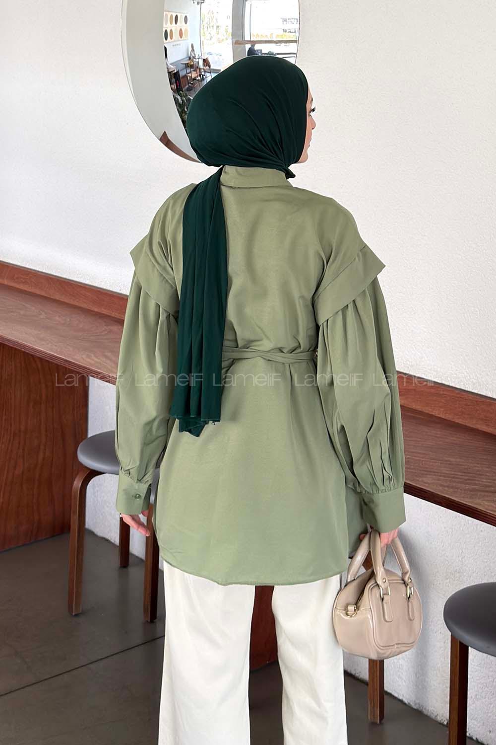 Lamelif Katmanlı Omuz Detaylı Bağlamalı Gömlek Çağla Yeşili