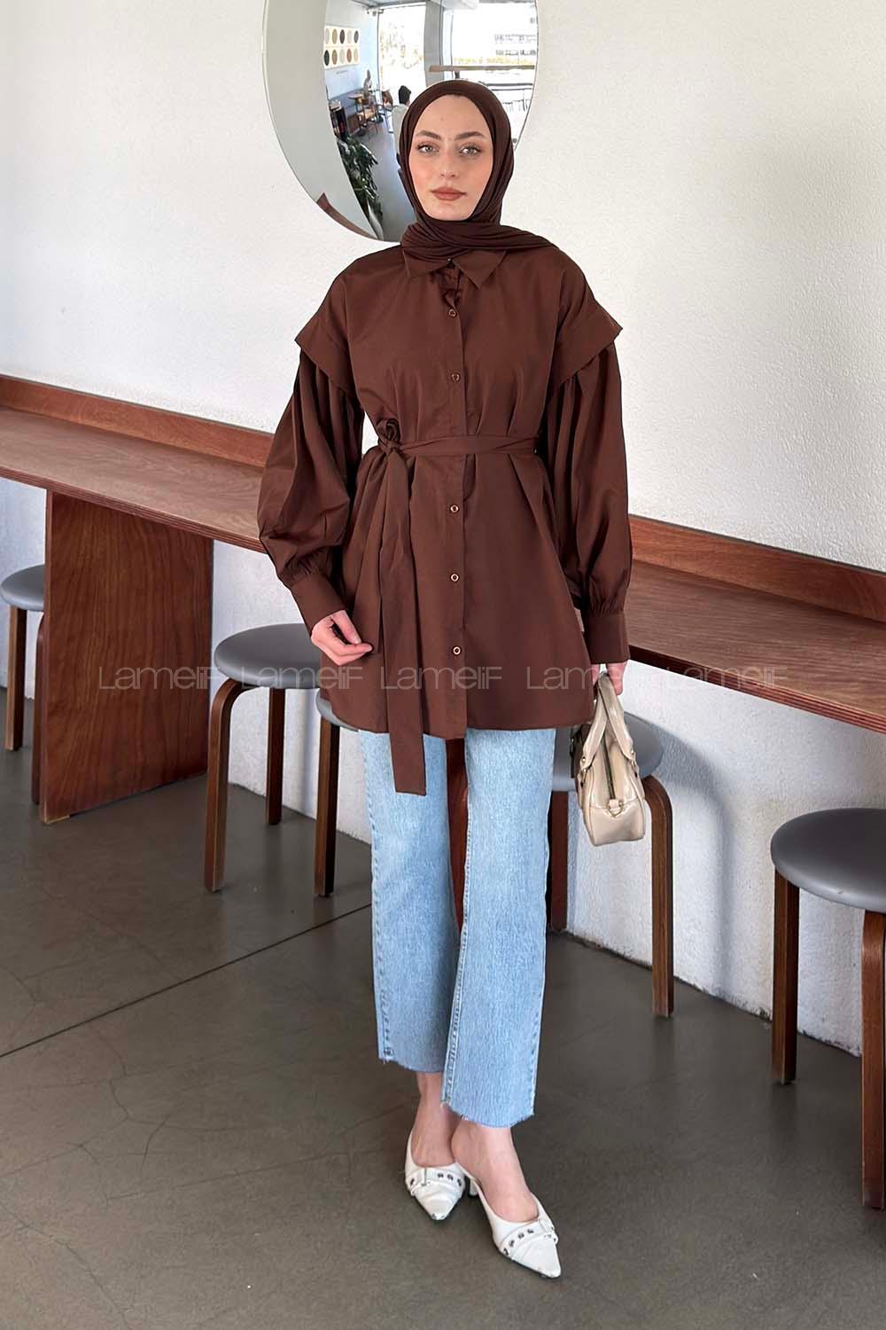 Lamelif Katmanlı Omuz Detaylı Bağlamalı Gömlek Kahverengi