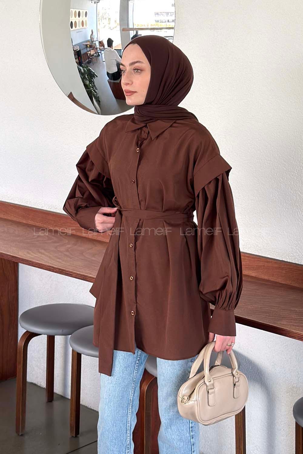 Lamelif Katmanlı Omuz Detaylı Bağlamalı Gömlek Kahverengi