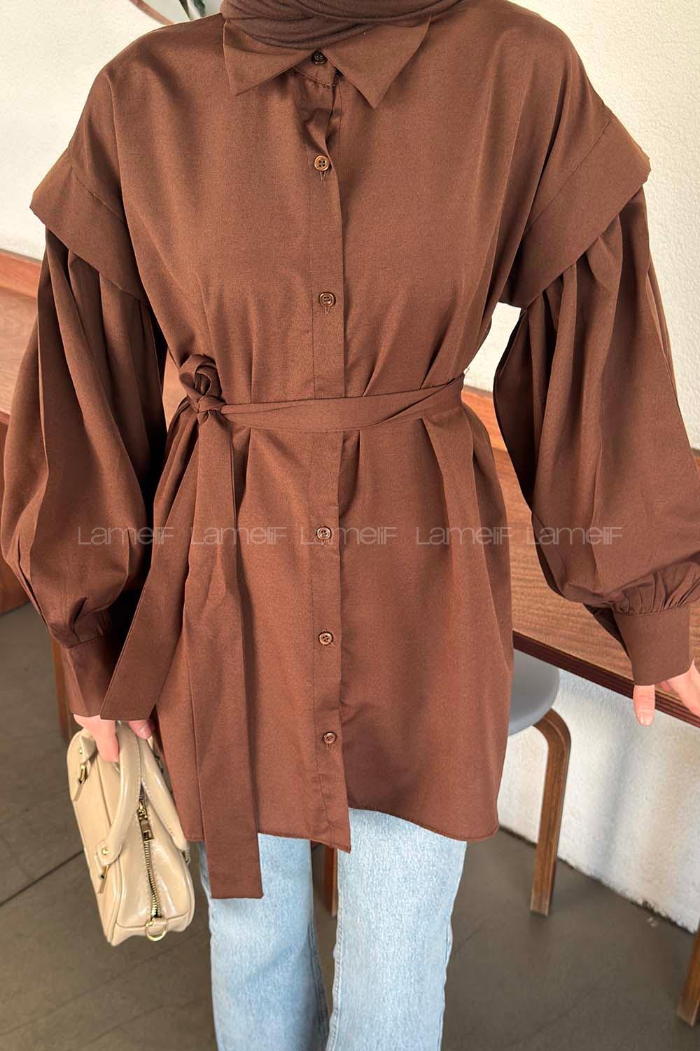 Lamelif Katmanlı Omuz Detaylı Bağlamalı Gömlek Kahverengi