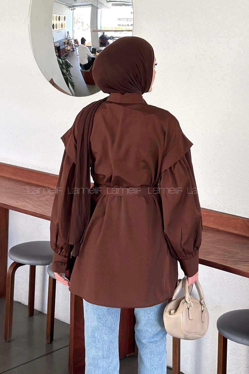 Lamelif Katmanlı Omuz Detaylı Bağlamalı Gömlek Kahverengi