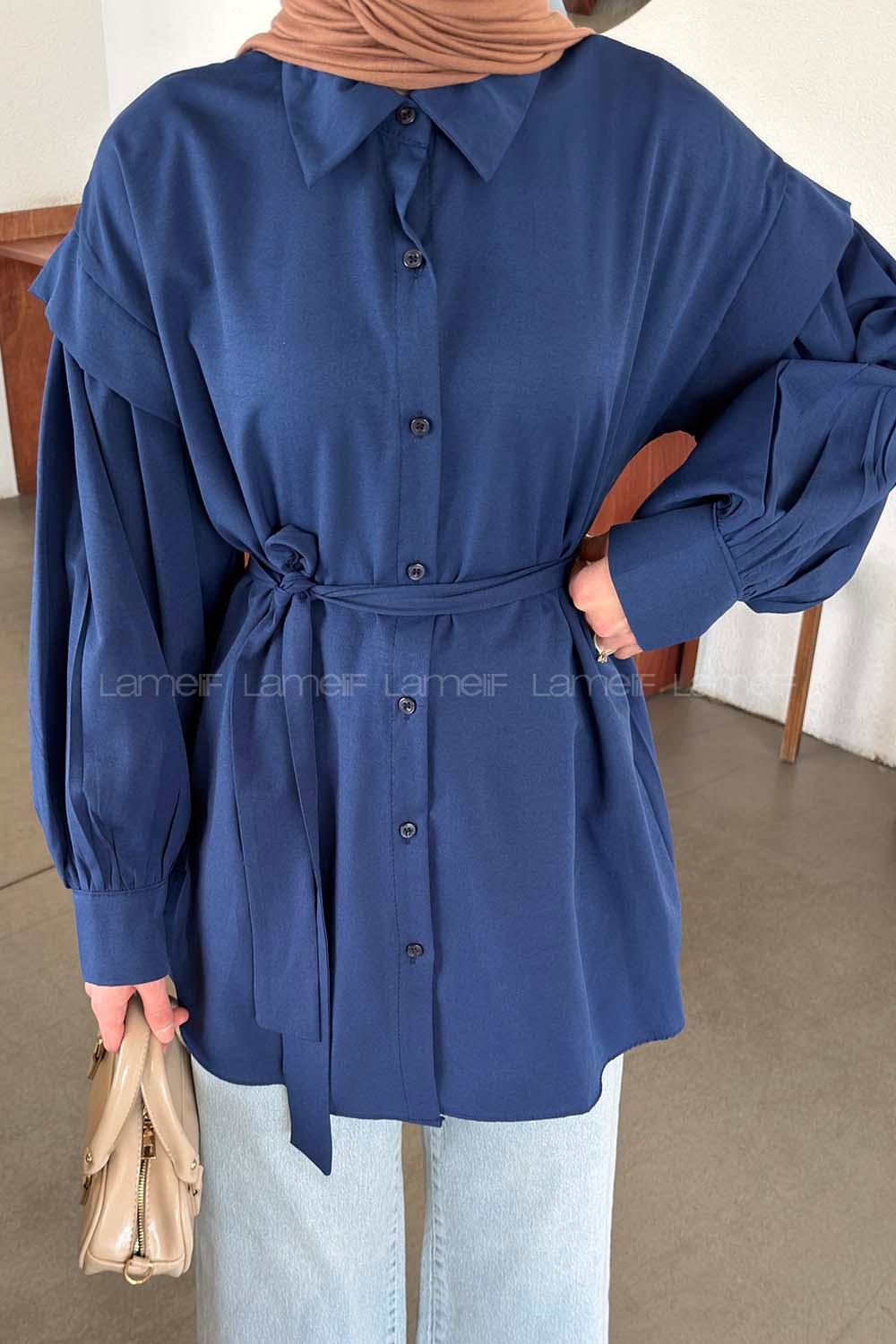 Navy Blue Shirt Collar Long Arm Crepe Fabric Unprinted Shirt