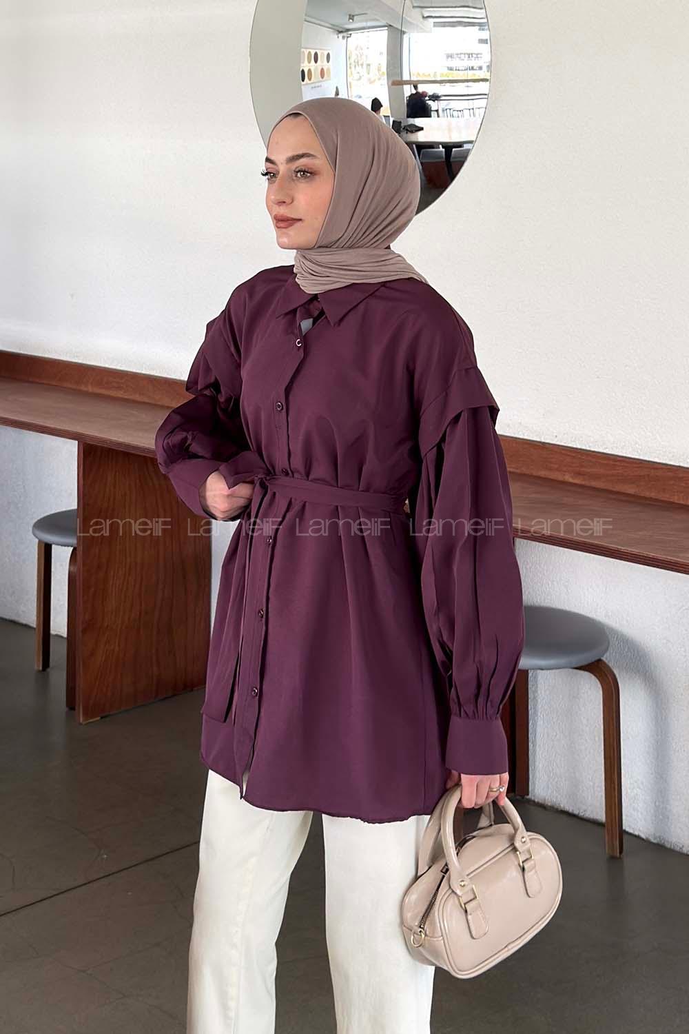 Plum Shirt Collar Long Arm Crepe Fabric Unprinted Shirt