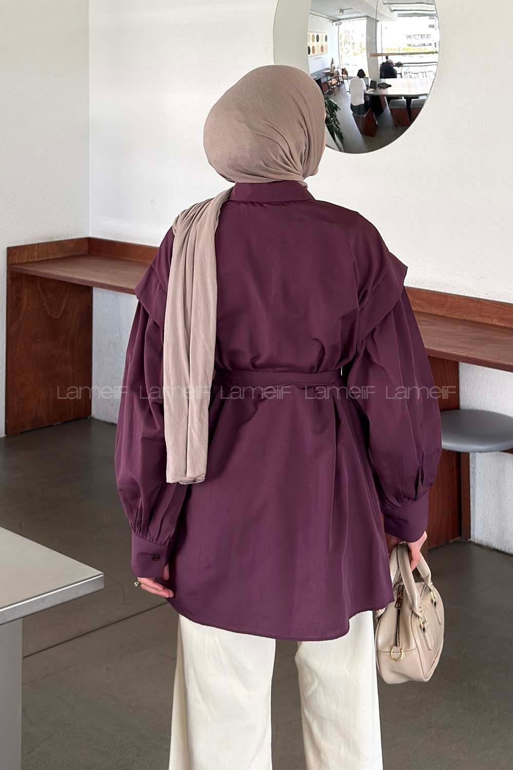 Plum Shirt Collar Long Arm Crepe Fabric Unprinted Shirt