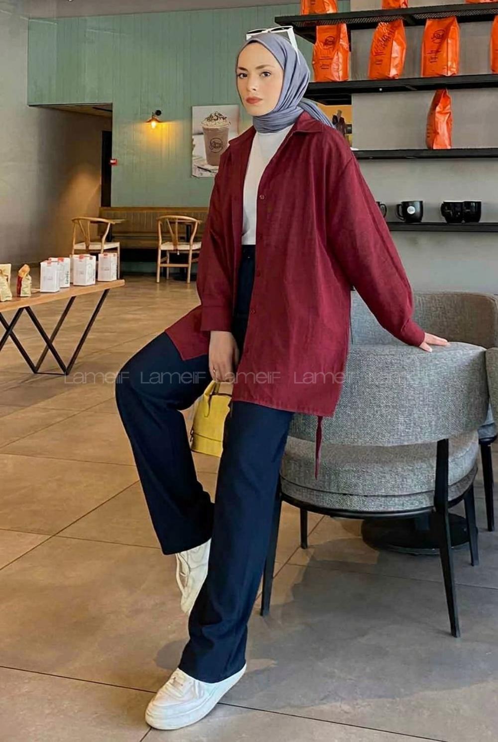 Lamelif Oversize Gömlek Bordo