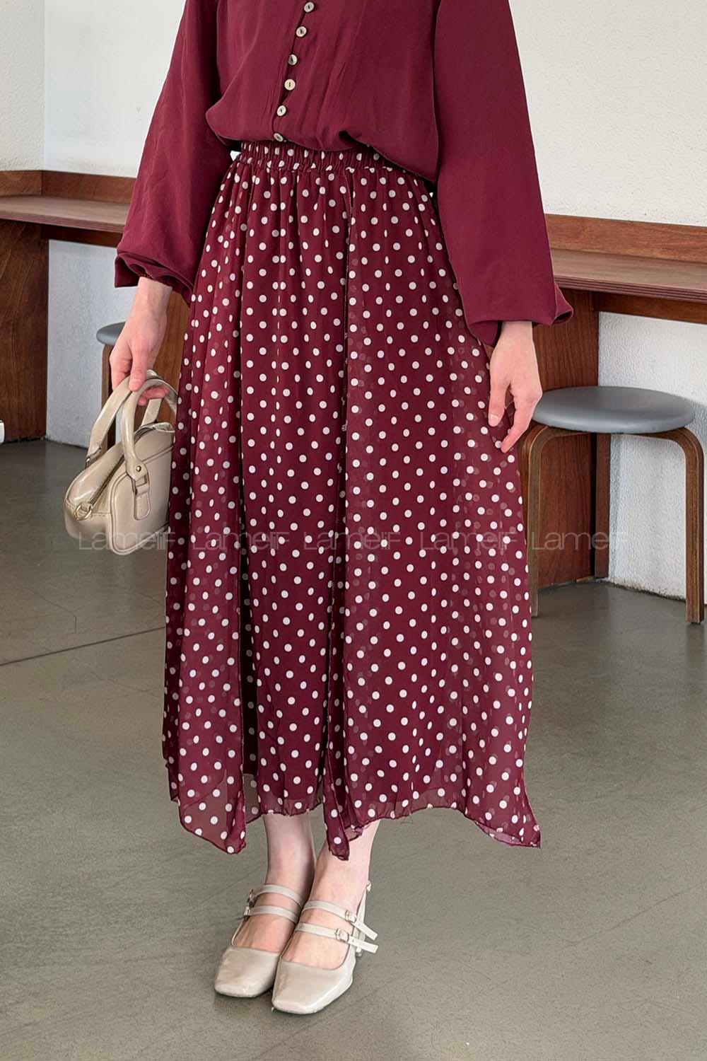 Lamelif Puantiye Desenli Şifon Etek Bordo
