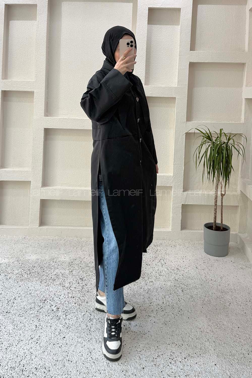 Lamelif Şal Yaka Trençkot Siyah