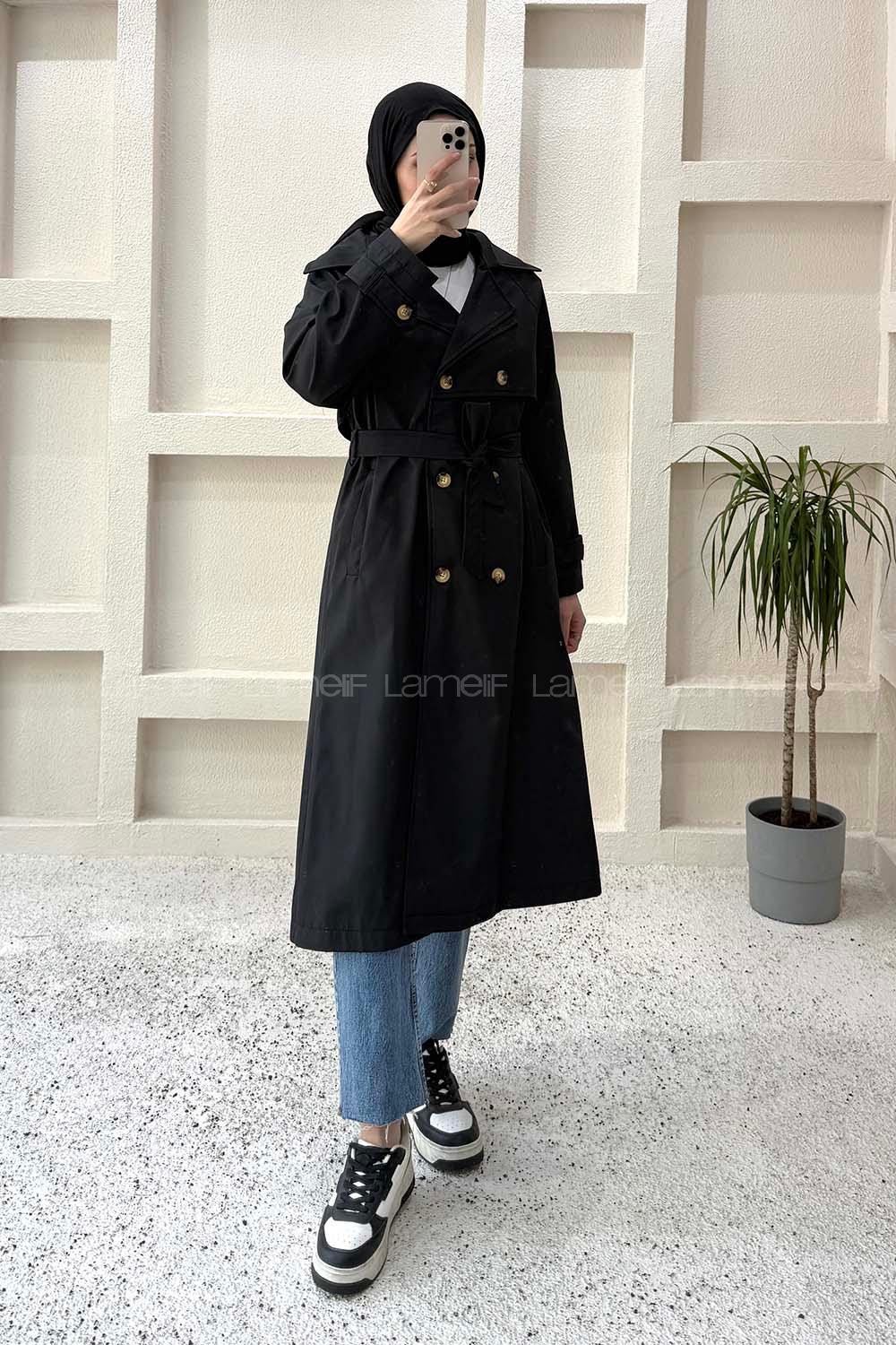 Black Long Arm Polyester Trench Coat