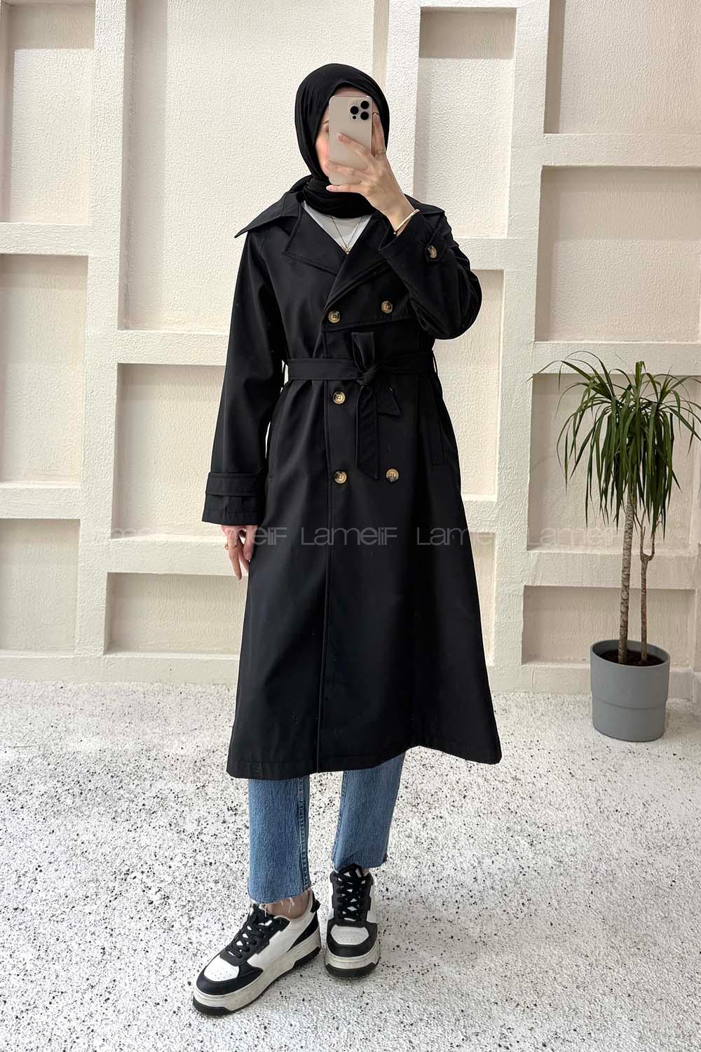 Black Long Arm Polyester Trench Coat