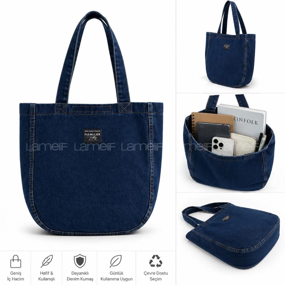 Lamelif Yıkamalı Kot Arma Detaylı Denim Koyu Mavi Çanta[Kot Totebag]