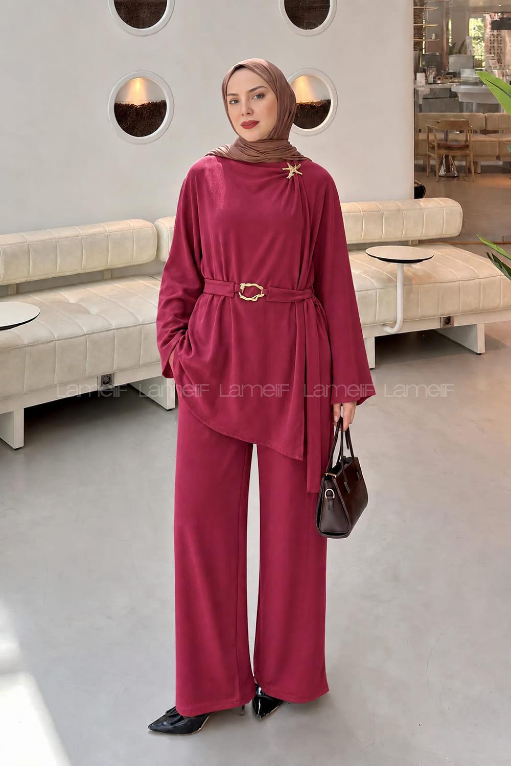 Lamelif Gold Broş Detaylı Pantolonlu Takım Bordo
