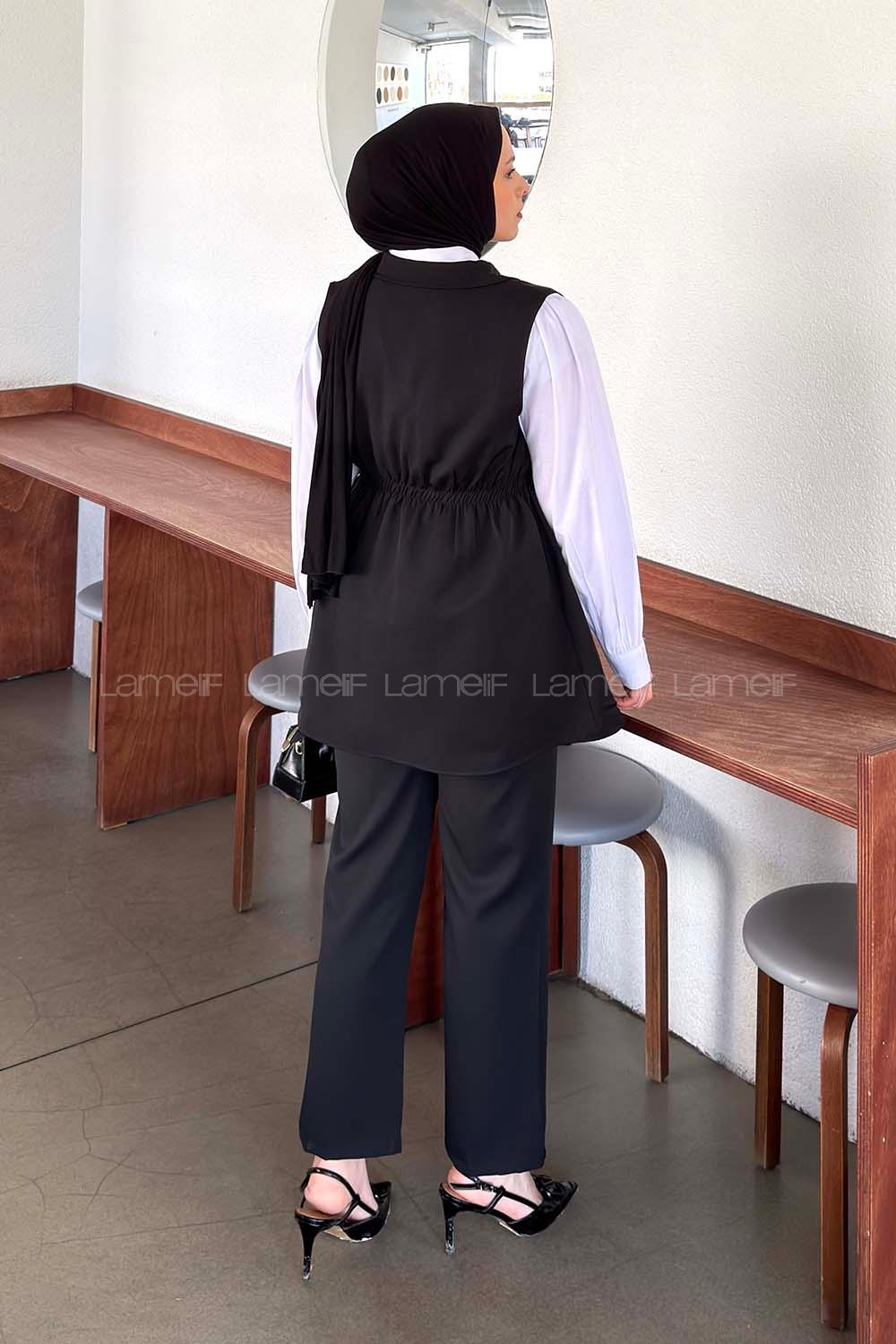 Lamelif Blazer Kesim Yelekli Takım Siyah