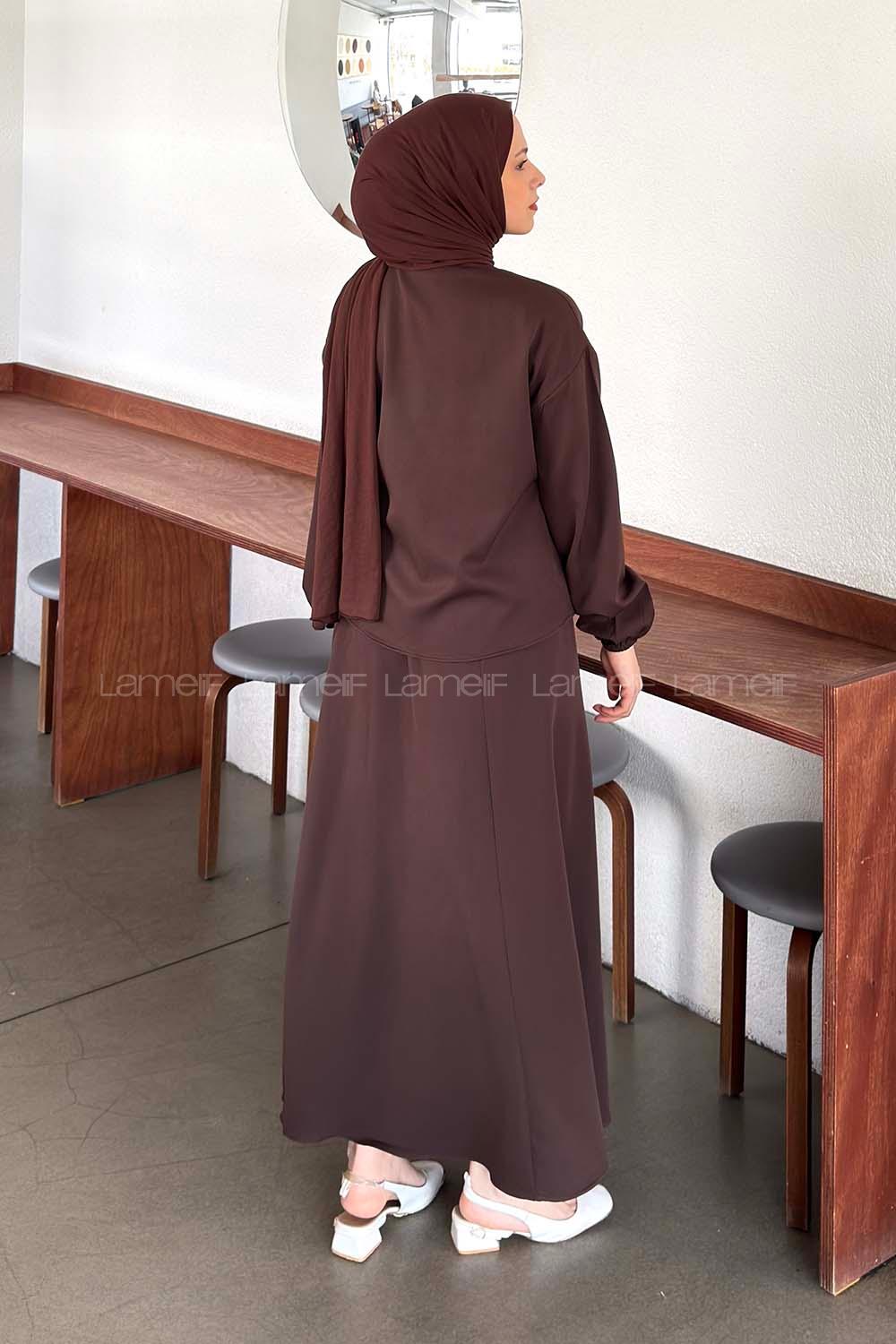 Bitter Brown Shirt Collar Long Arm Buckle Crepe Fabric Straight Skirt Suit