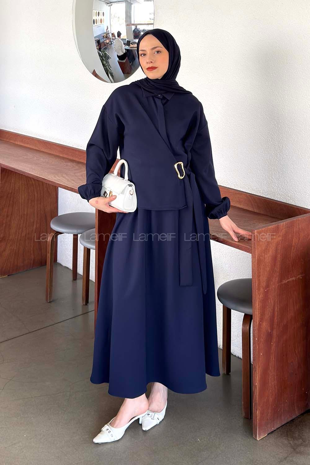 Navy Blue Shirt Collar Long Arm Buckle Crepe Fabric Straight Skirt Suit