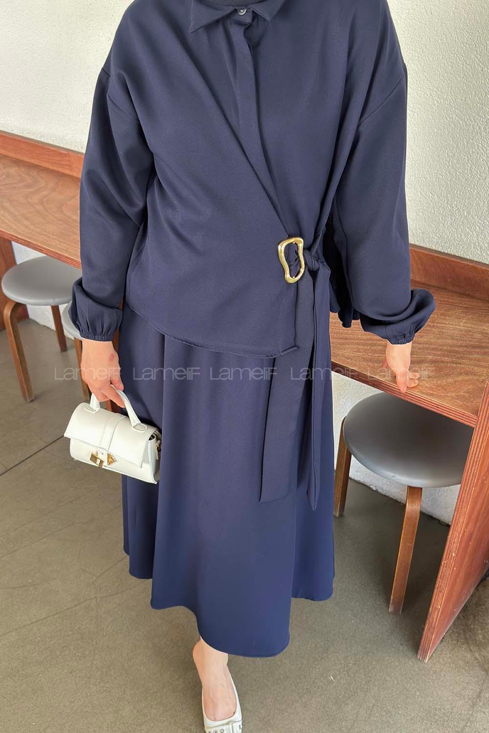 Navy Blue Shirt Collar Long Arm Buckle Crepe Fabric Straight Skirt Suit
