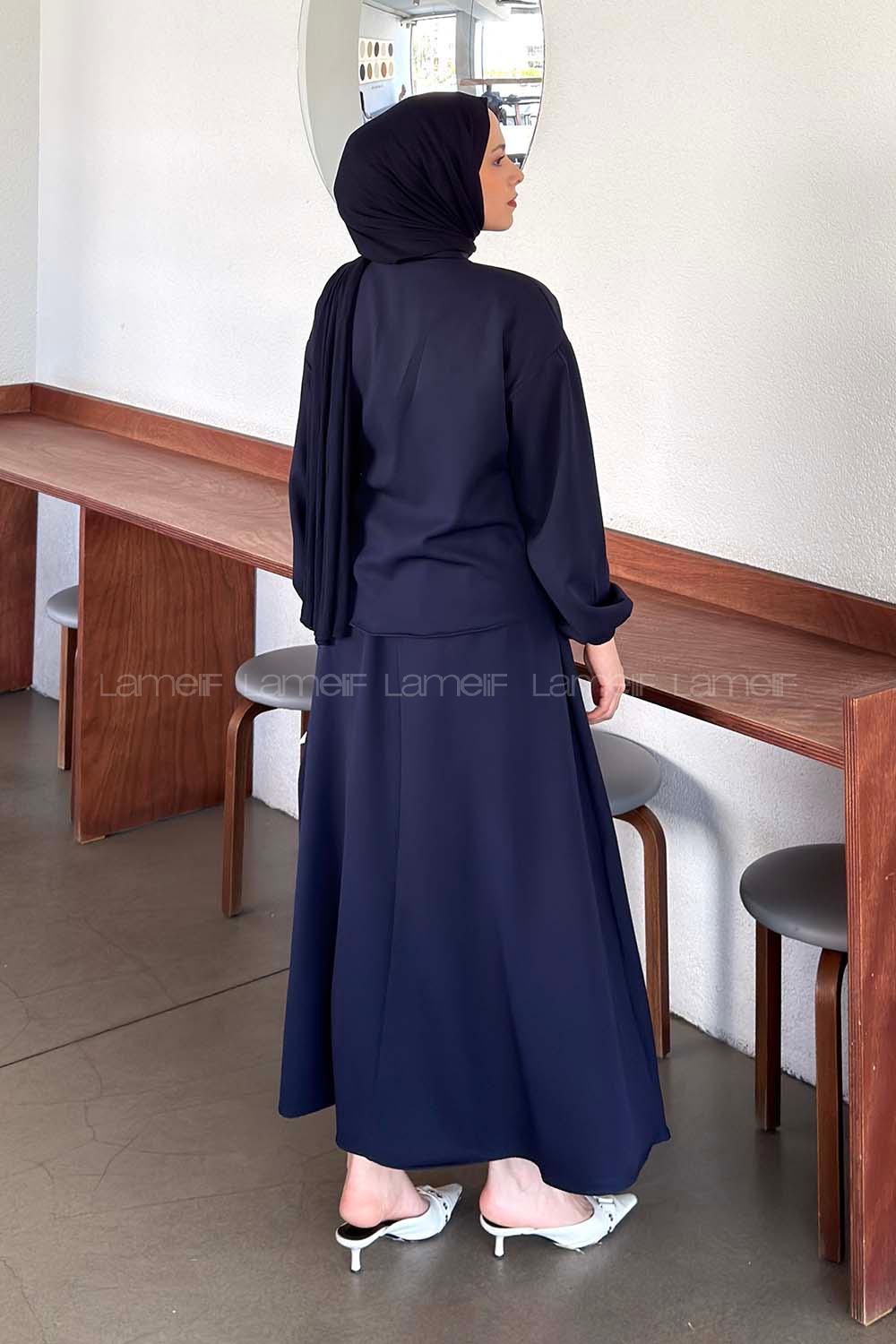 Navy Blue Shirt Collar Long Arm Buckle Crepe Fabric Straight Skirt Suit