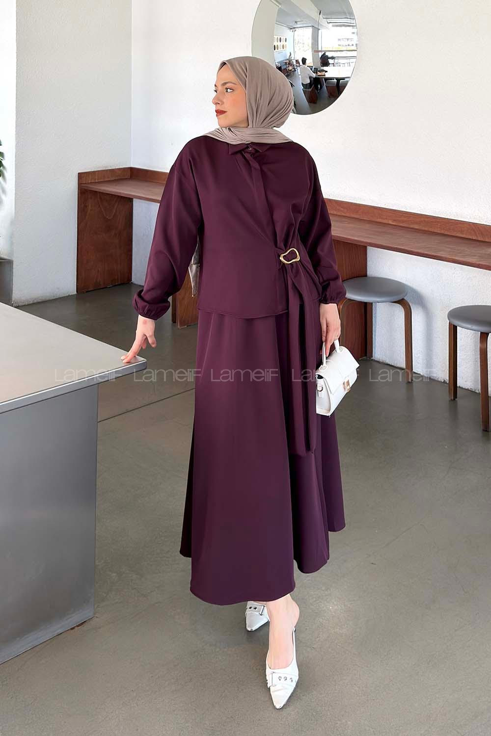 Plum Shirt Collar Long Arm Buckle Crepe Fabric Straight Skirt Suit