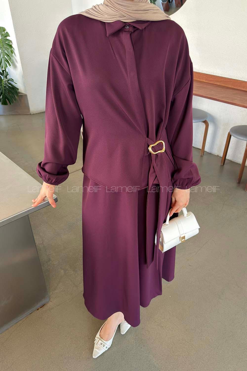 Plum Shirt Collar Long Arm Buckle Crepe Fabric Straight Skirt Suit