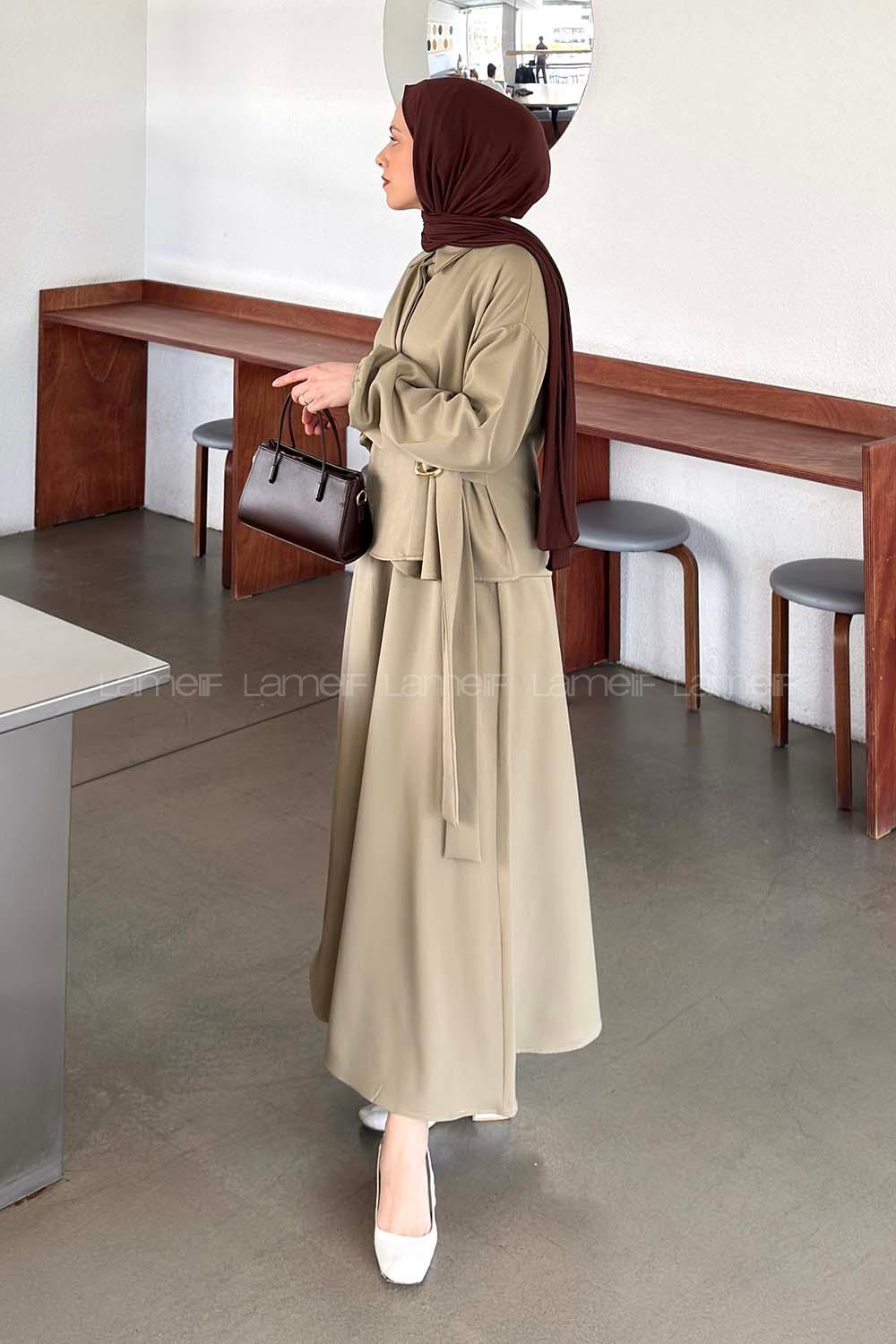 Mink Shirt Collar Long Arm Buckle Crepe Fabric Straight Skirt Suit