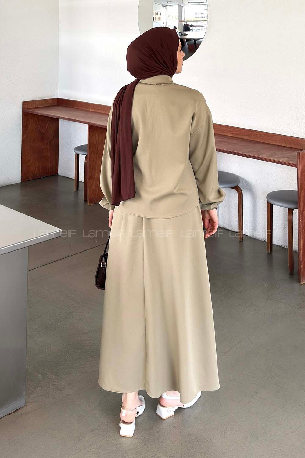 Mink Shirt Collar Long Arm Buckle Crepe Fabric Straight Skirt Suit